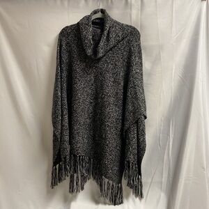 White House Black Market Cowl Neck Sweater Poncho With Fringe Black Marl S/M NWT